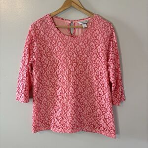 Christopher & Banks Lace Top Coral Pink Short Sleeve Lined Shirt 3/4 Sle…